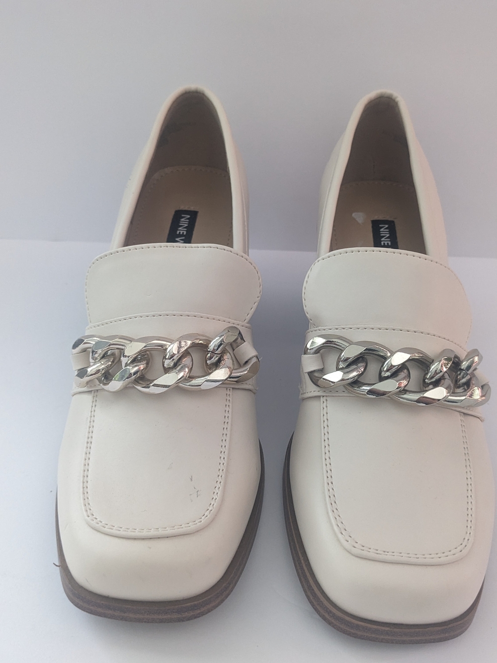 Nine West Women's Cream Chain Chunky Heel Trim Loafers 6